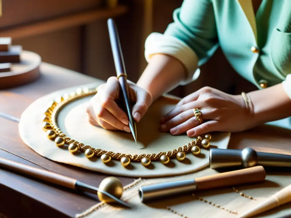 Un artesano meticuloso crea joyería vintage rodeado de herramientas tradicionales, con luz natural que evoca calidez y tradición