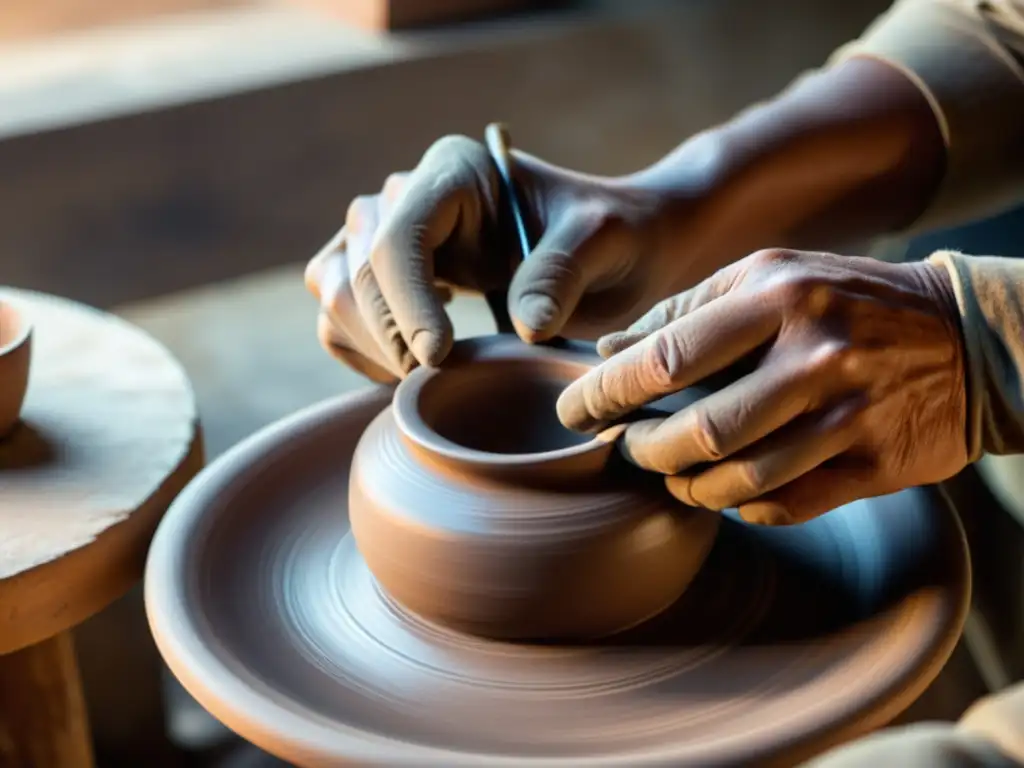 Un artesano meticuloso moldea a mano una pieza de cerámica con herramientas tradicionales, bañado por luz cálida