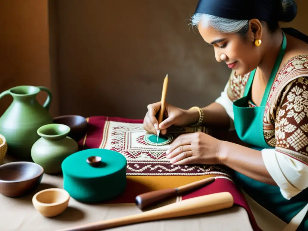 Un artesano meticuloso crea a mano mientras rodeado de textiles y herramientas en una fotografía vintage