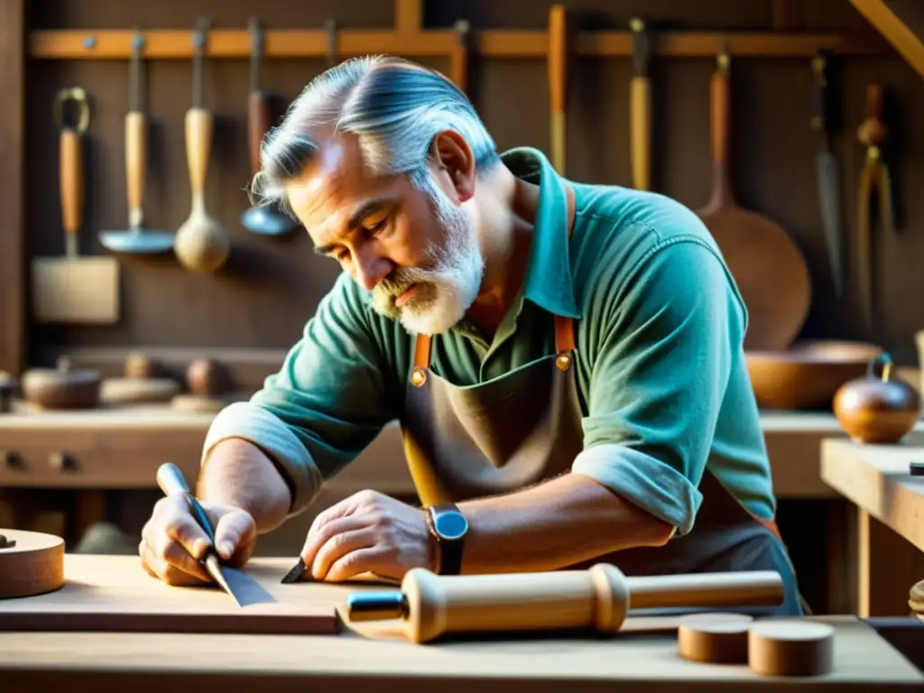 Artesano meticuloso creando una obra tradicional en un taller de madera, evocando el valor artesanía mercado digital