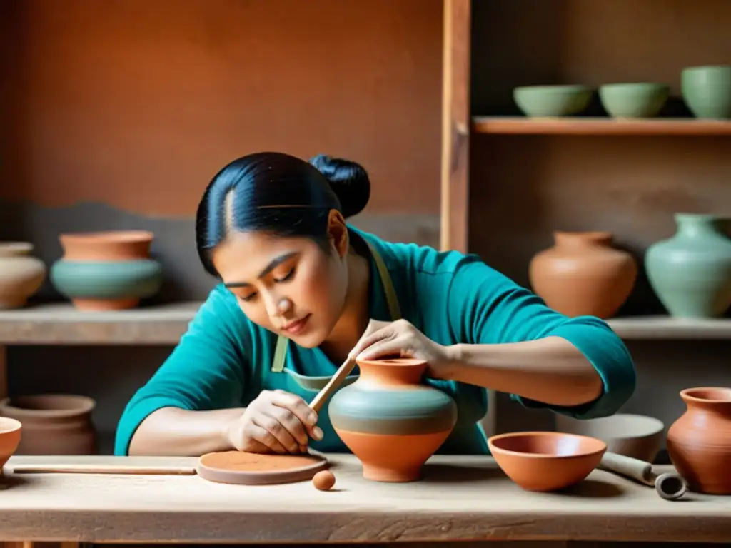 Artesano creando cerámica: Belleza tradicional Un artesano meticuloso crea una pieza de cerámica, preservando artesanía tradicional mediante storytelling digital