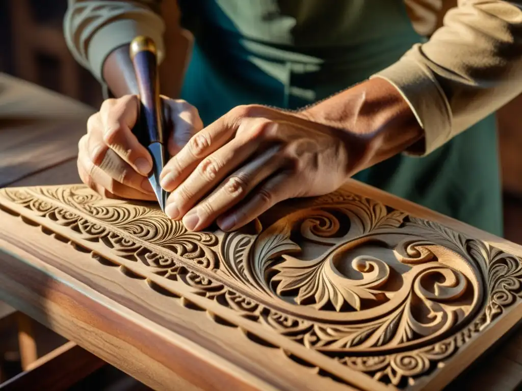 Un artesano meticuloso talla diseños en madera, con luz cálida destacando la textura y las hábiles manos