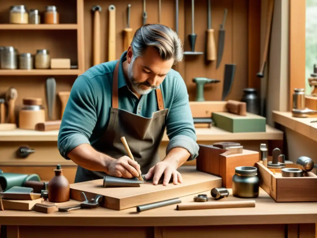 Un artesano meticuloso trabajando en su taller con herramientas vintage, evocando la belleza de la artesanía tradicional