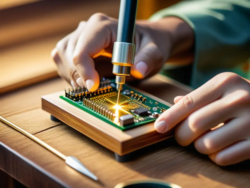 Un artesano suelda un microcontrolador en un producto de madera, en un taller cálido y acogedor