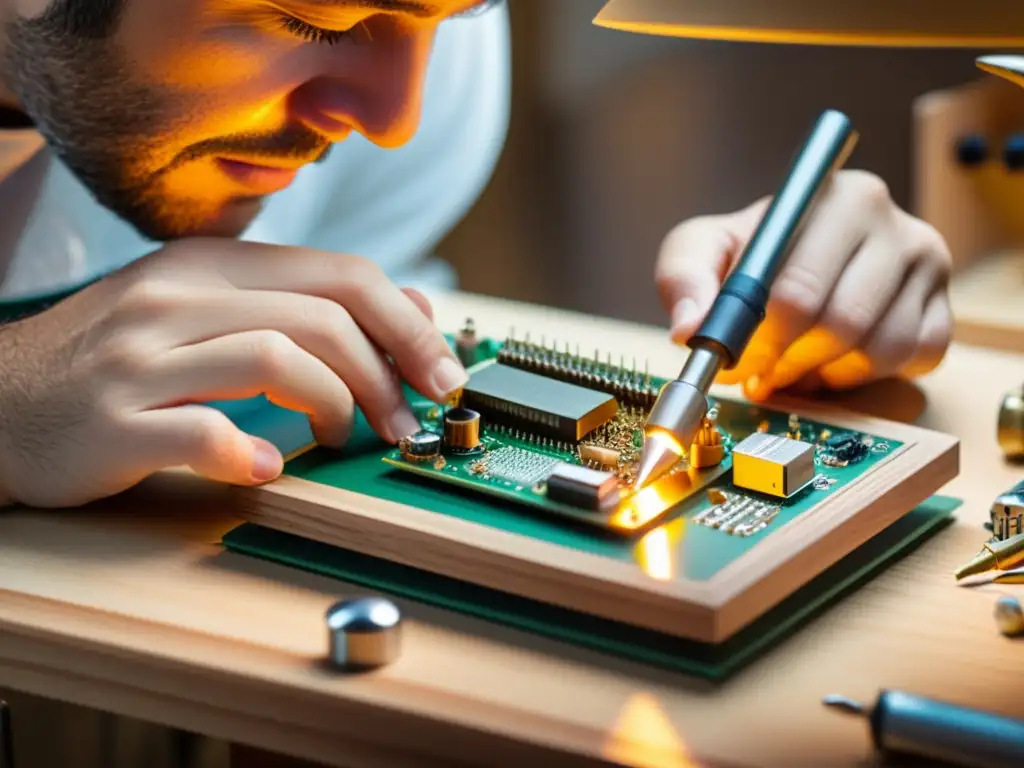 Un artesano suelda un microcontrolador en un producto de madera rodeado de herramientas vintage