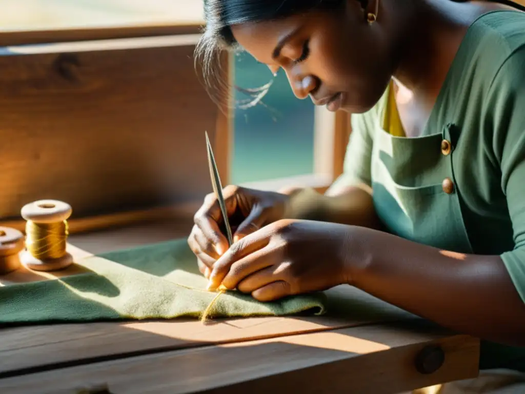 Un artesano hábil crea moda sostenible con técnicas artesanales en un taller vintage bañado por la cálida luz del sol