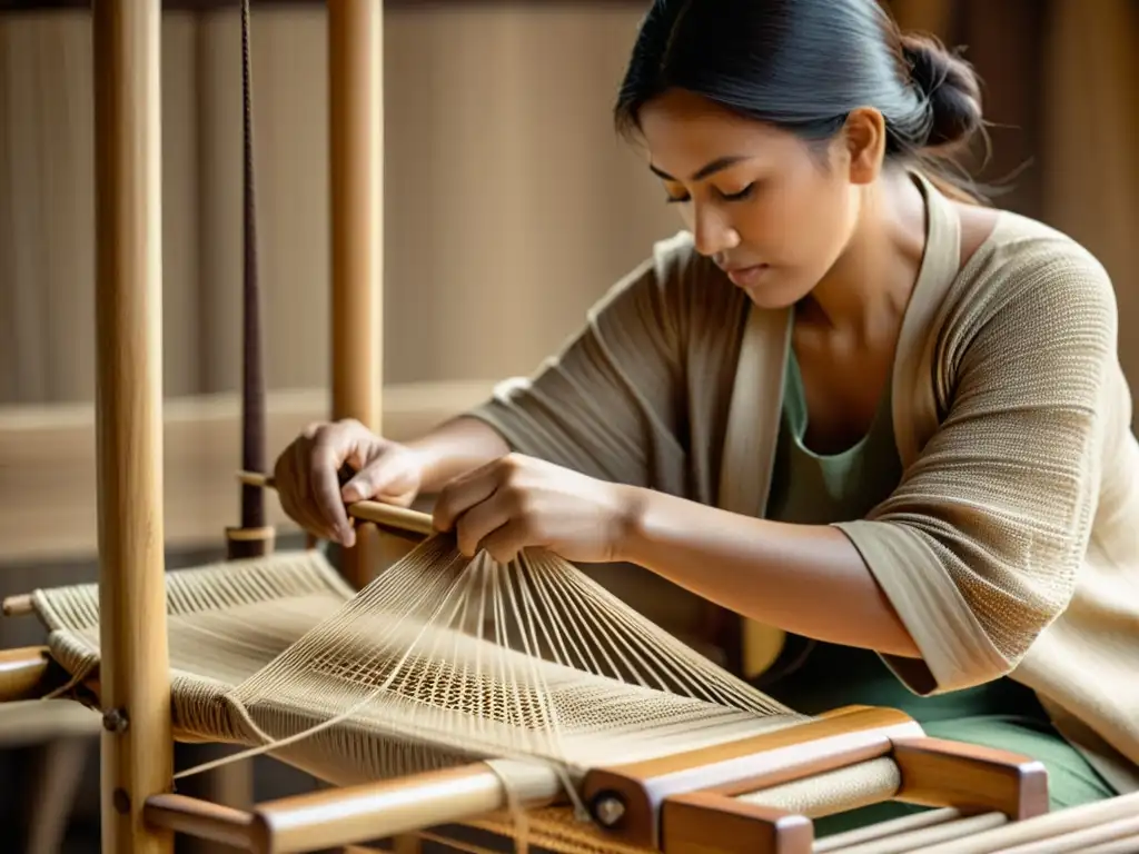 Artesano tejiendo cestería moderna con materiales sostenibles en un telar de madera, evocando una artesanía atemporal y creatividad sostenible