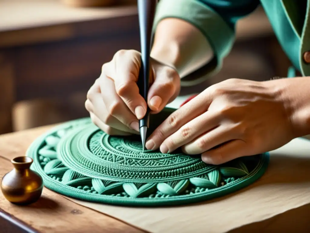 Un artesano moderno crea una pieza única a mano, con enfoque en sus hábiles manos y detalles intrincados