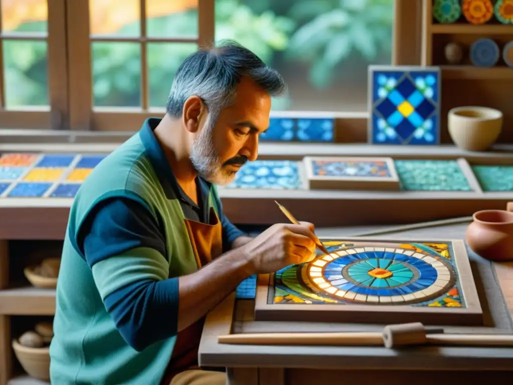 Un artesano de mosaicos crea con cuidado un patrón vibrante con azulejos cerámicos cortados a mano