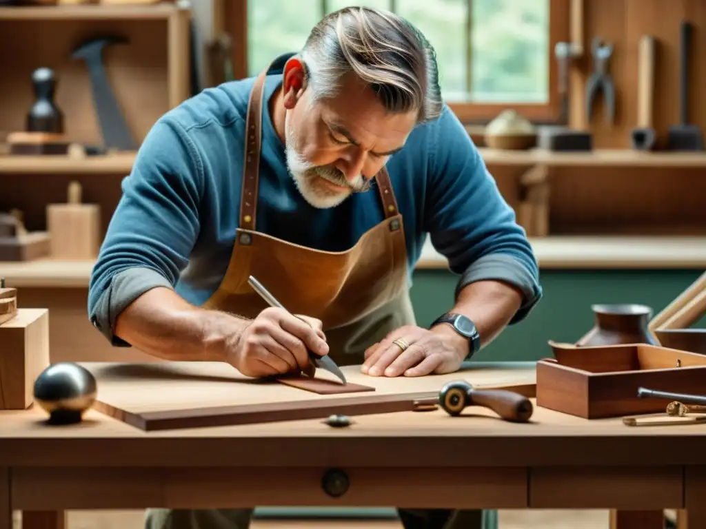 Un artesano elabora mueble con diseño ético, rodeado de herramientas vintage, bajo luz natural