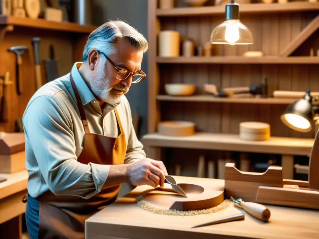 Un artesano crea muebles digitales en un taller vintage con herramientas tradicionales