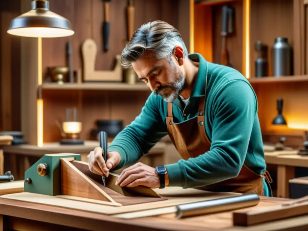 Un artesano detallando muebles con herramientas digitales en un taller nostálgico