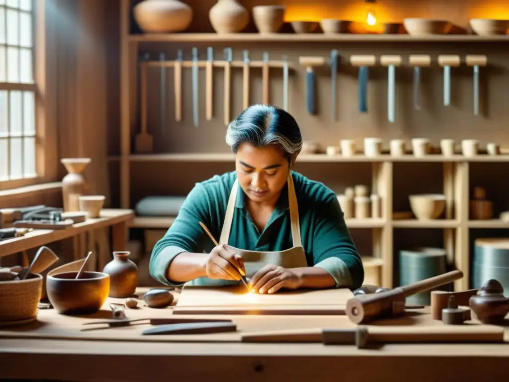 Un artesano hábil teje una narrativa digital en su taller, fusionando tradición y tecnología para crear artesanía innovadora