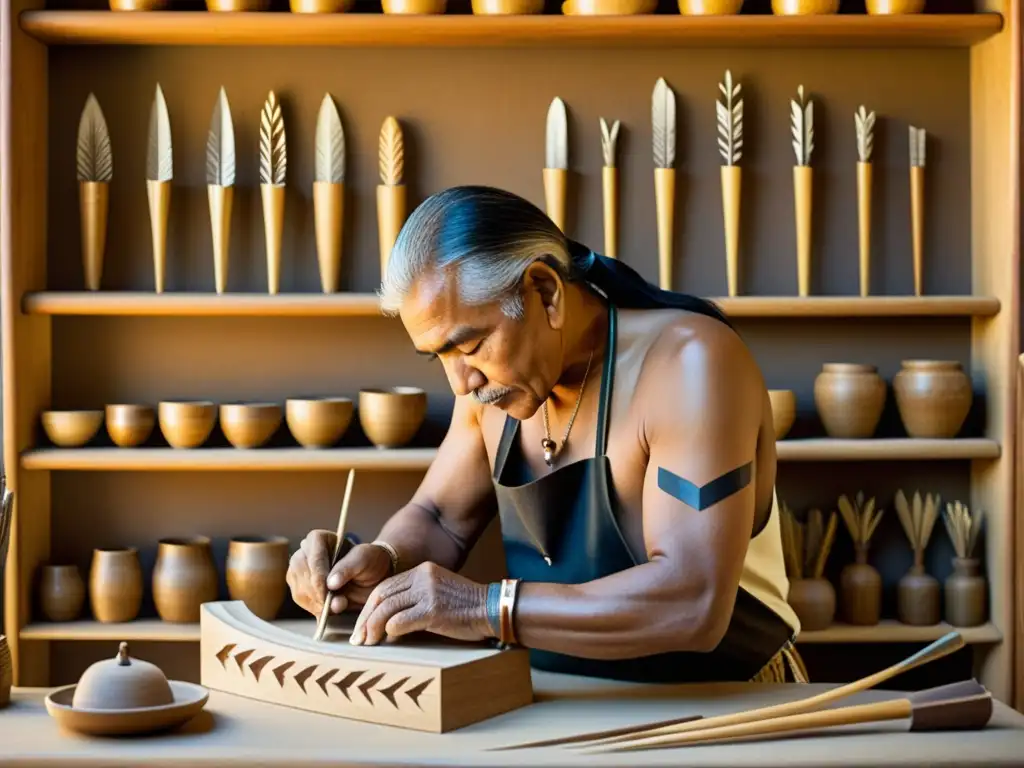 Un artesano nativo americano tallando un arco de madera decorado, rodeado de flechas y símbolos tribales, en una cálida luz