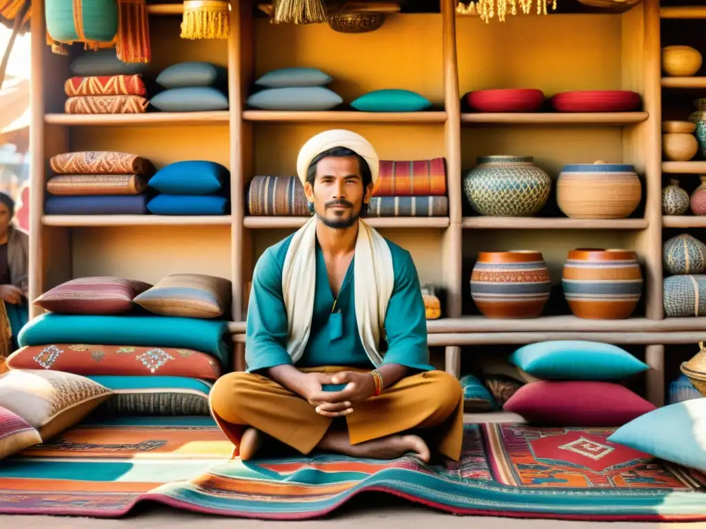 Un artesano nómada en un mercado lleno de color y vida