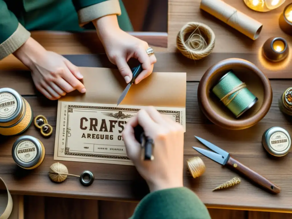 Un artesano cuidadosamente dispone objetos vintage en mesa de madera para mockups artesanales para presentaciones