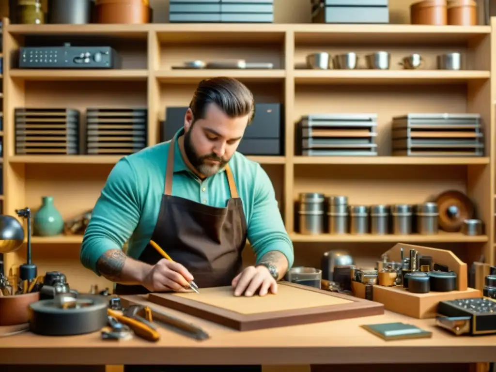 Artesano digital crea con maestría Un artesano crea una obra de arte digital rodeado de herramientas y equipo, con una iluminación cálida que resalta la expresión concentrada