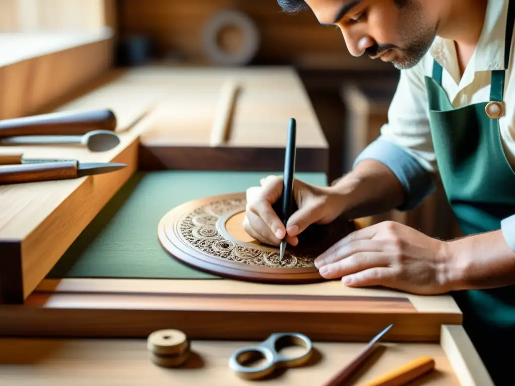 Un artesano cuidadosamente inspecciona una obra de arte digital, destacando la artesanía y el manejo de devoluciones en artesanía