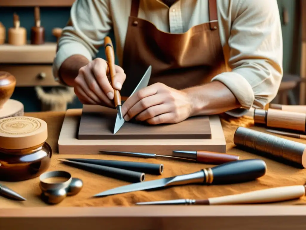 Un artesano hábil crea una obra de arte a mano entre herramientas tradicionales