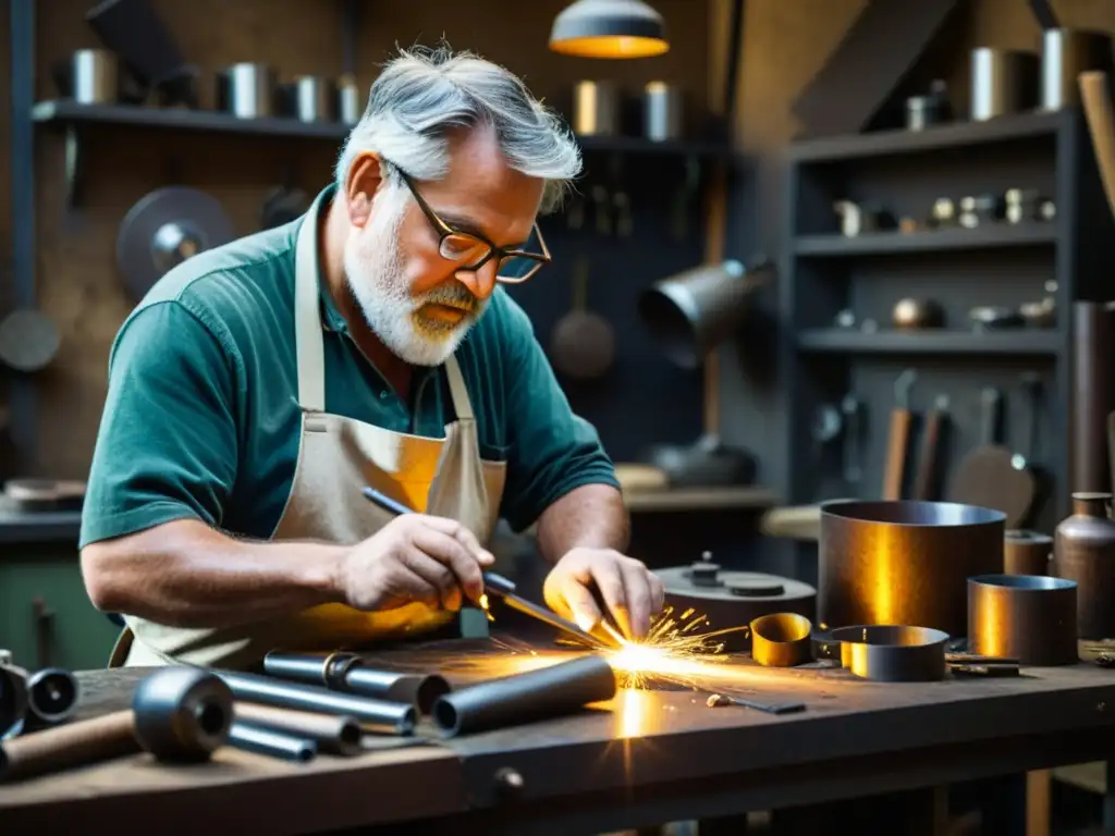 Un artesano crea una obra de arte con materiales reciclados en su taller de metal, mostrando concentración y destreza