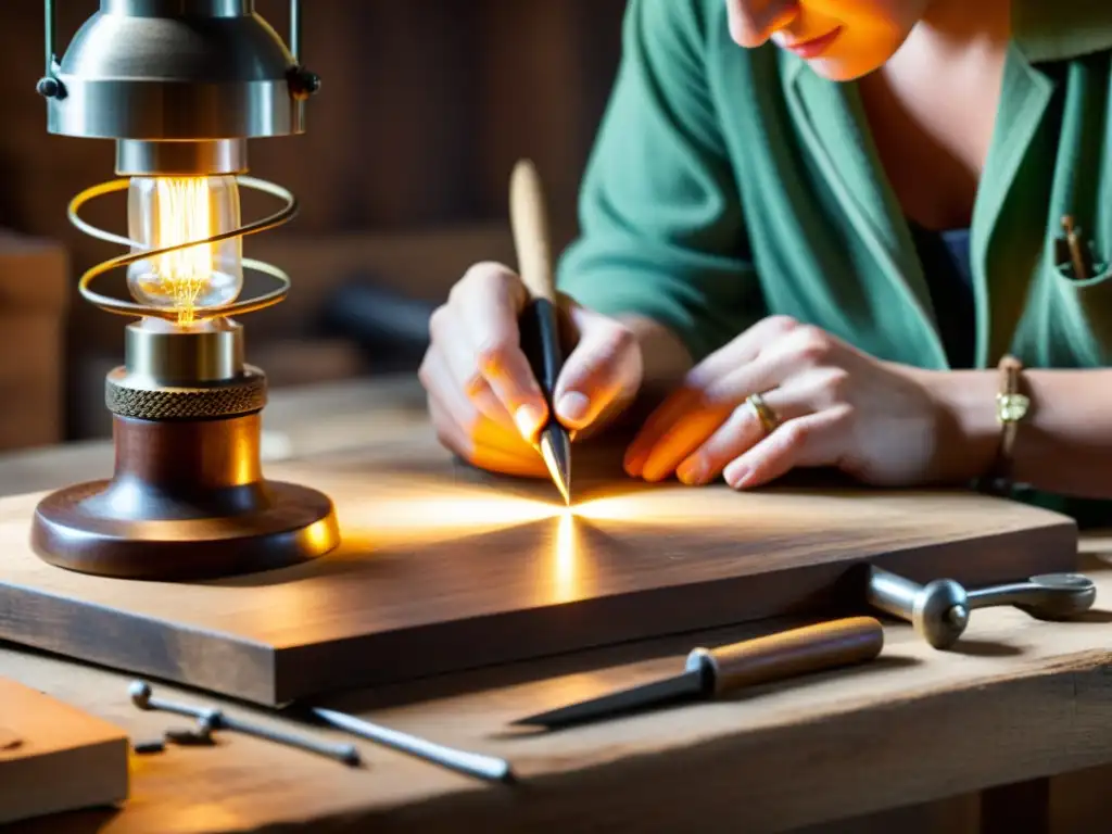 Un artesano hábil crea una obra de arte tradicional con herramientas vintage, iluminado por una suave luz cálida