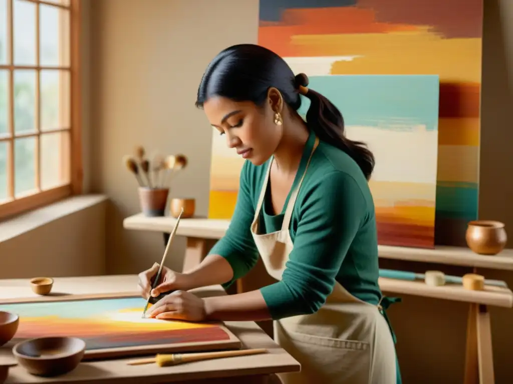 Un artesano pintando una obra de arte tradicional en un estudio acogedor y soleado