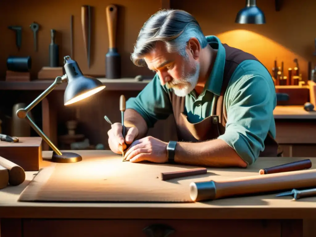 Un artesano crea una obra a mano en un taller vintage iluminado por una lámpara antigua