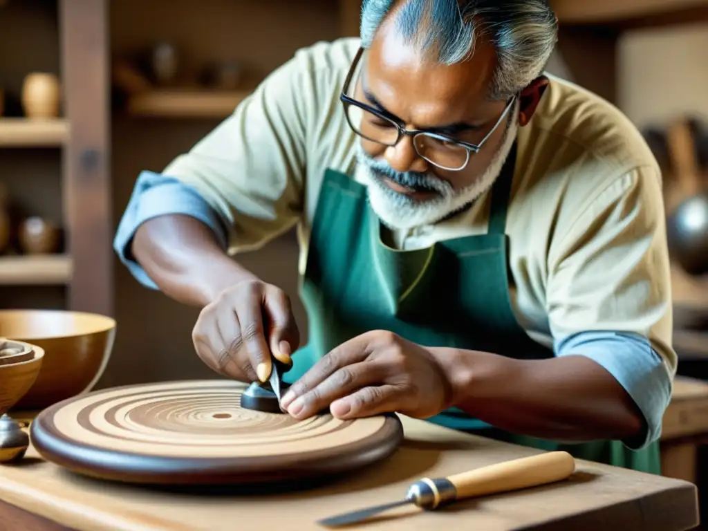 Un artesano crea una obra tradicional con detalle y pasión, evocando la belleza atemporal de las artes tradicionales