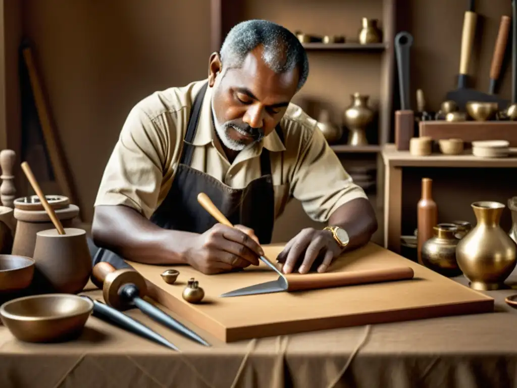 Un artesano hábil crea una obra tradicional rodeado de herramientas e materiales, evocando herencia y maestría