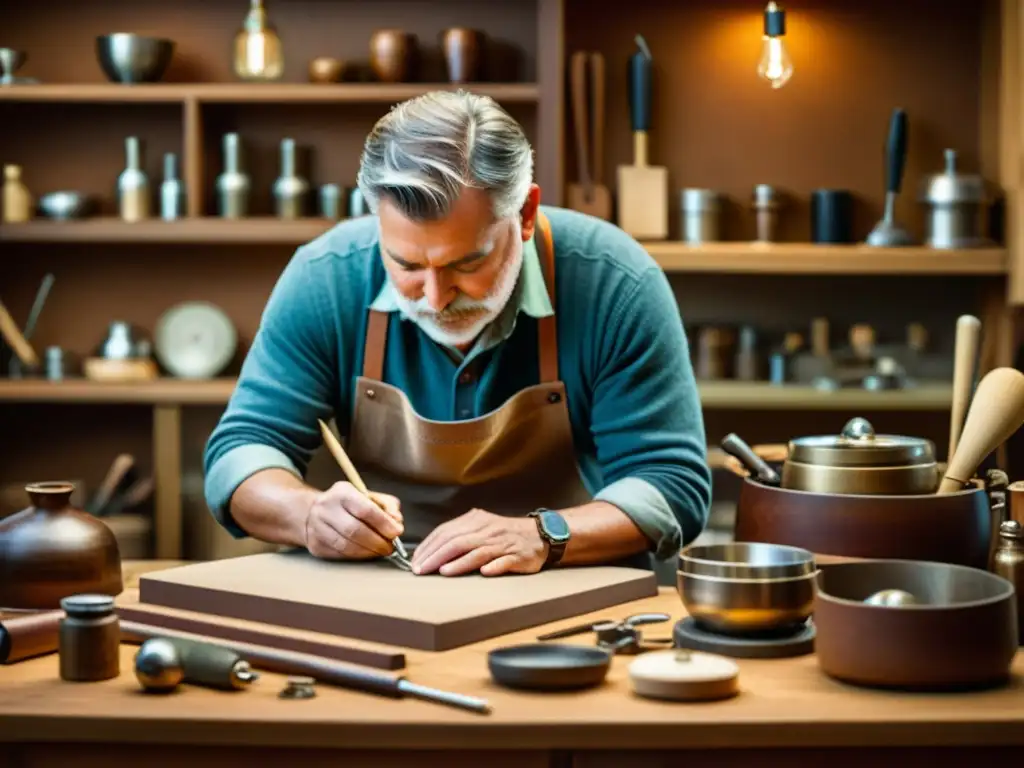 Un artesano crea una obra única con herramientas tradicionales en un espacio cálido y nostálgico