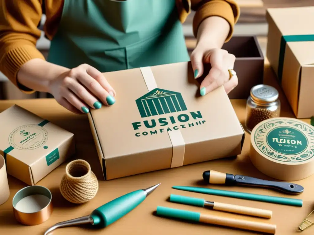 Un artesano crea packaging vintage en un taller acogedor, fusionando artesanía tradicional con tendencias de comercio electrónico