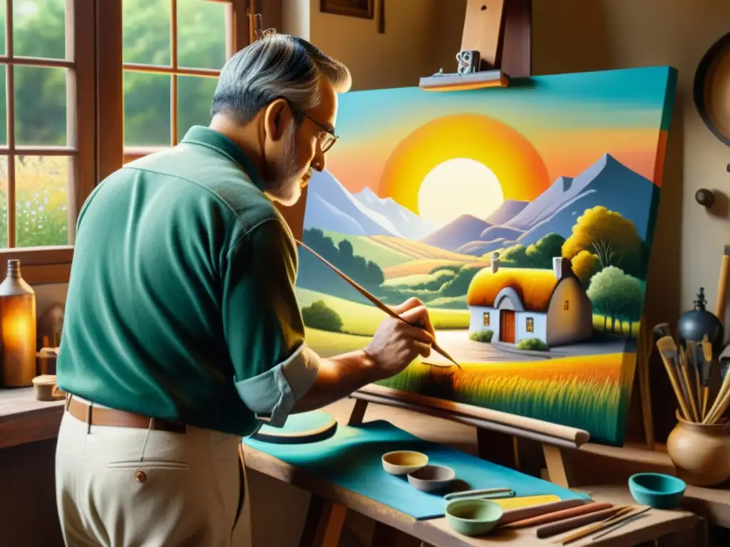 Un artesano pintando un paisaje tradicional con colores vibrantes y pinceladas detalladas, rodeado de herramientas vintage