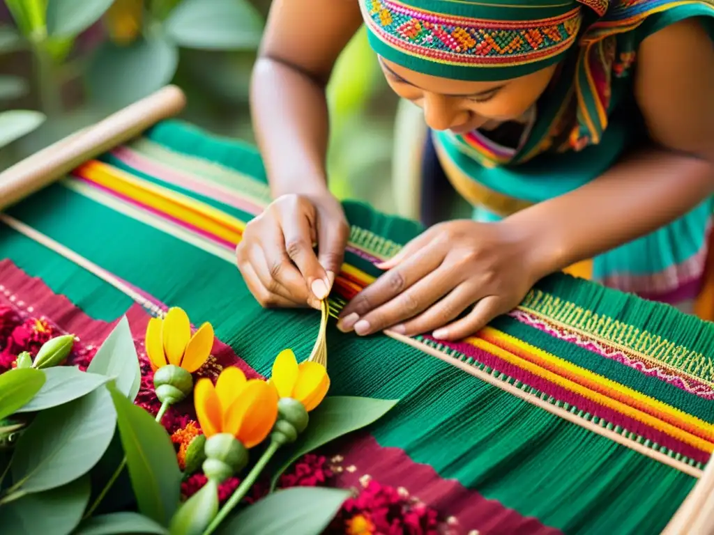 Un artesano teje un patrón colorido en fibras naturales, rodeado de exuberante vegetación y flores vibrantes