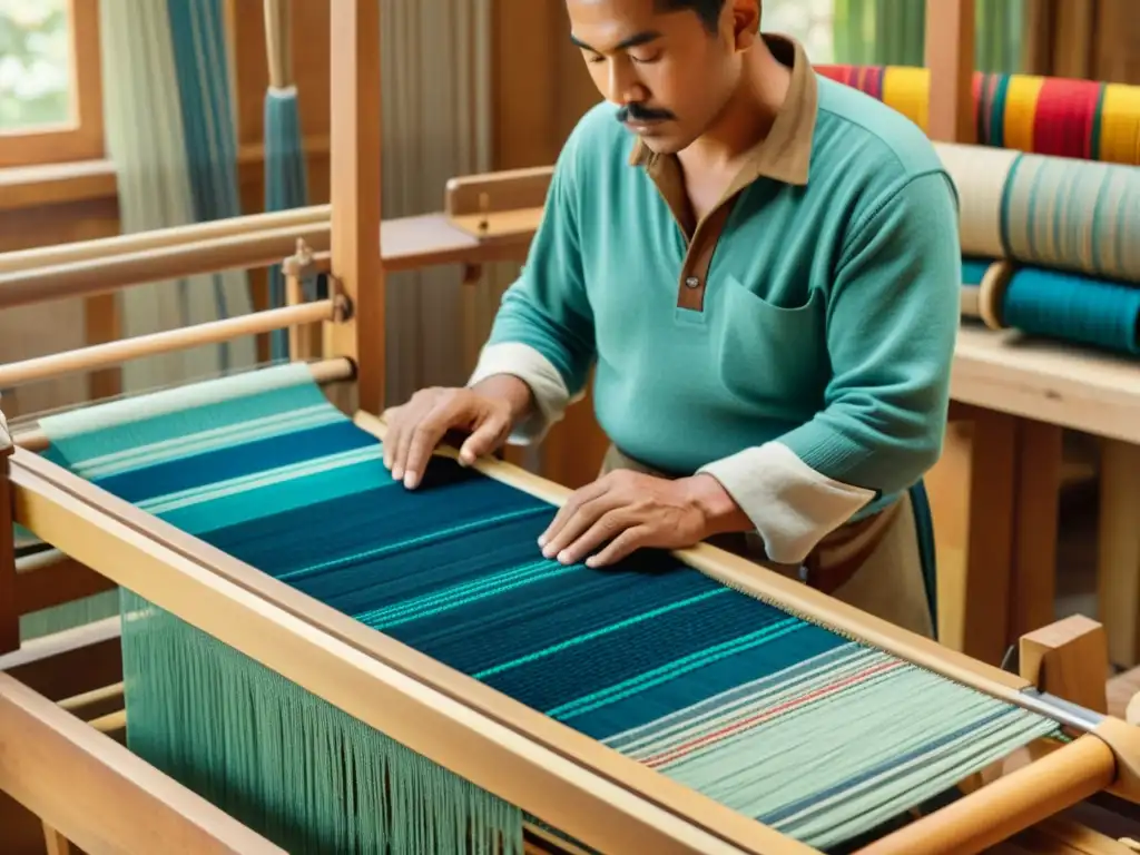 Un artesano teje un patrón colorido en un telar de madera, rodeado de herramientas digitales modernas