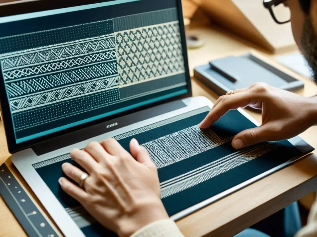 Un artesano crea un patrón mientras un software de diseño muestra un patrón digital