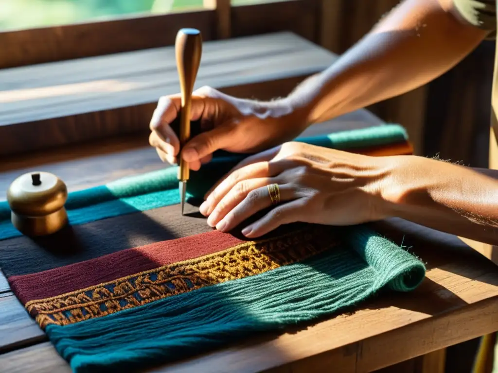 Un artesano crea un patrón textil con hilos vibrantes en un ambiente rústico