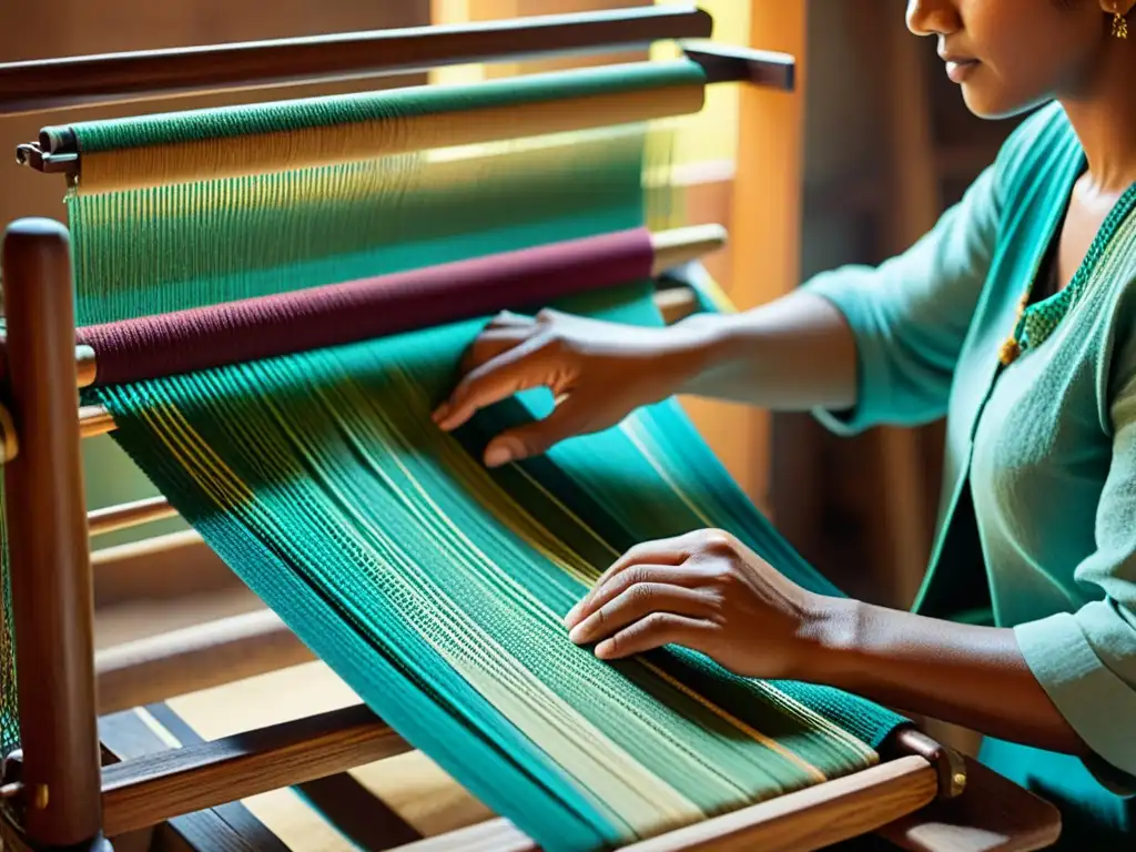 Un artesano teje con maestría un patrón textil en un telar antiguo, con una cálida iluminación creando sombras suaves en la maquinaria