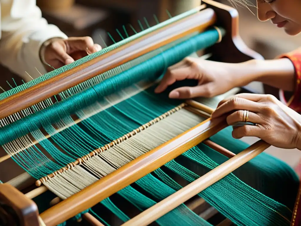 Hábil artesano tejiendo un patrón tradicional en un telar de madera, evocando la artesanía tradicional y el impacto de las redes sociales en artesanos