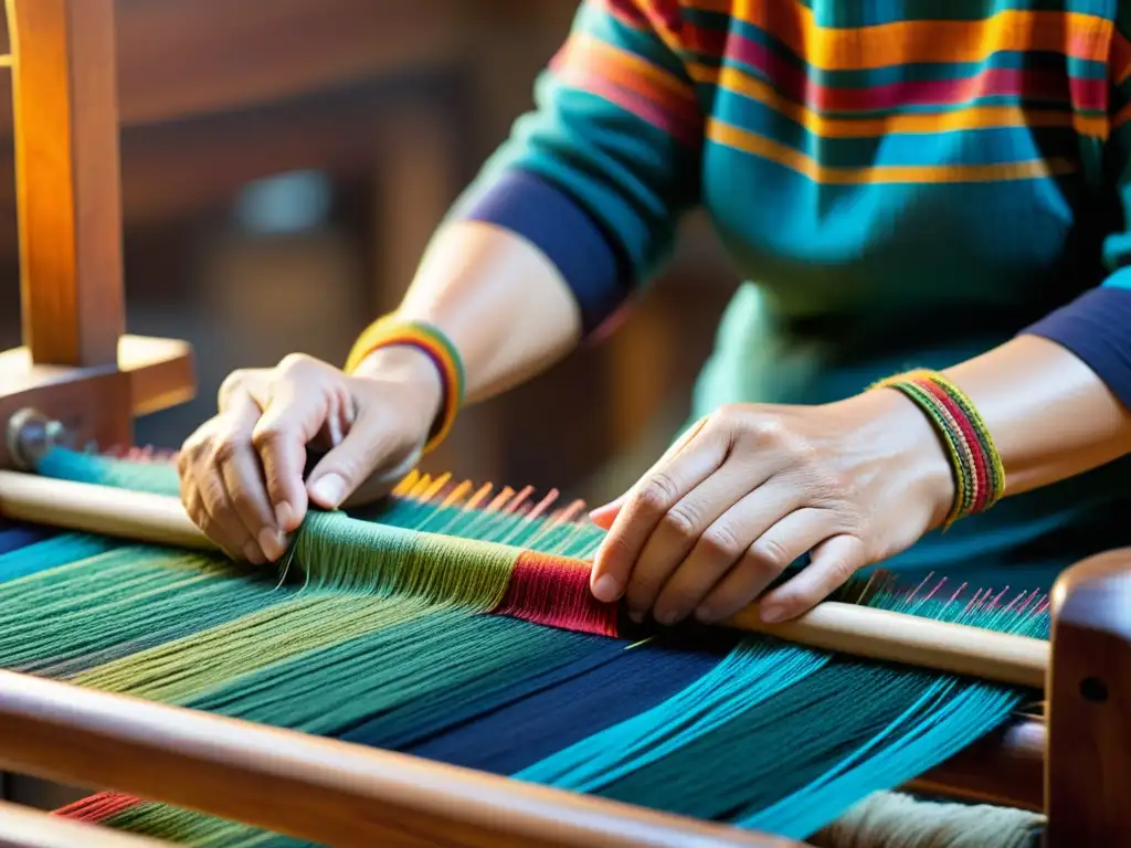 Un artesano teje patrones coloridos en un telar de madera, evocando la autenticidad y la artesanía textil en moda ética