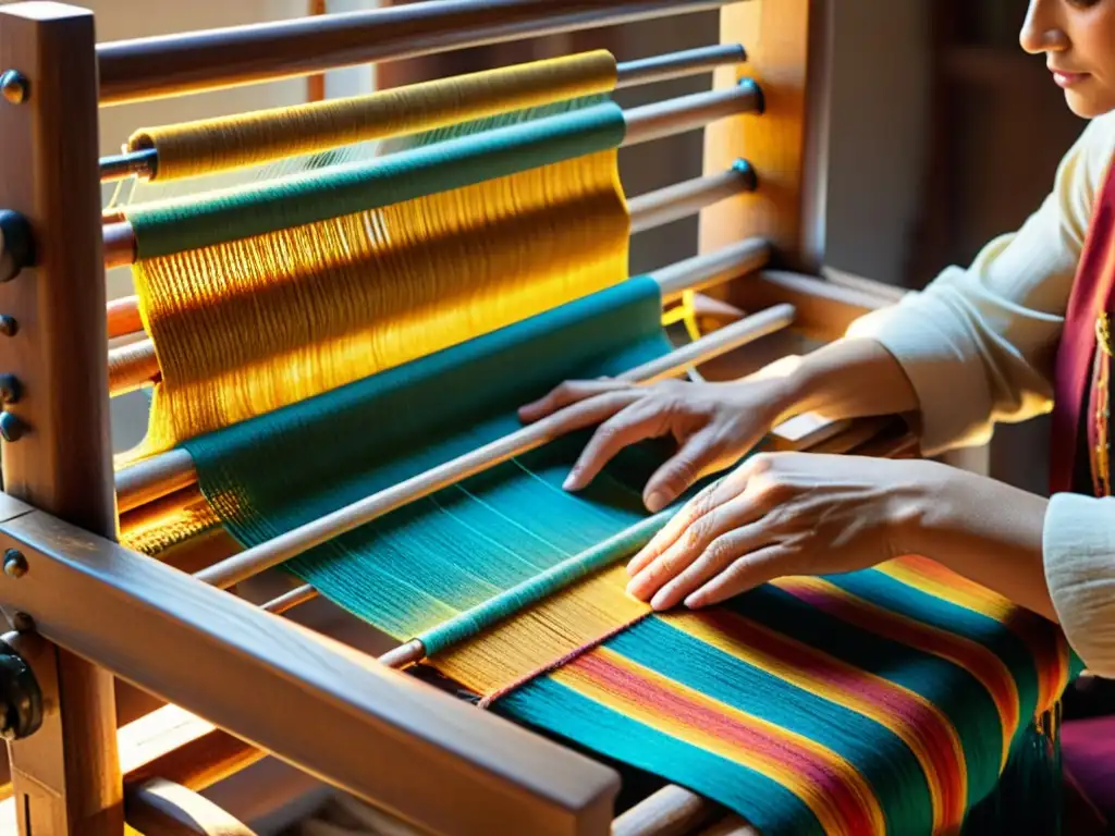 Un artesano teje patrones digitales con destreza en un telar vintage, rodeado de hilos de colores