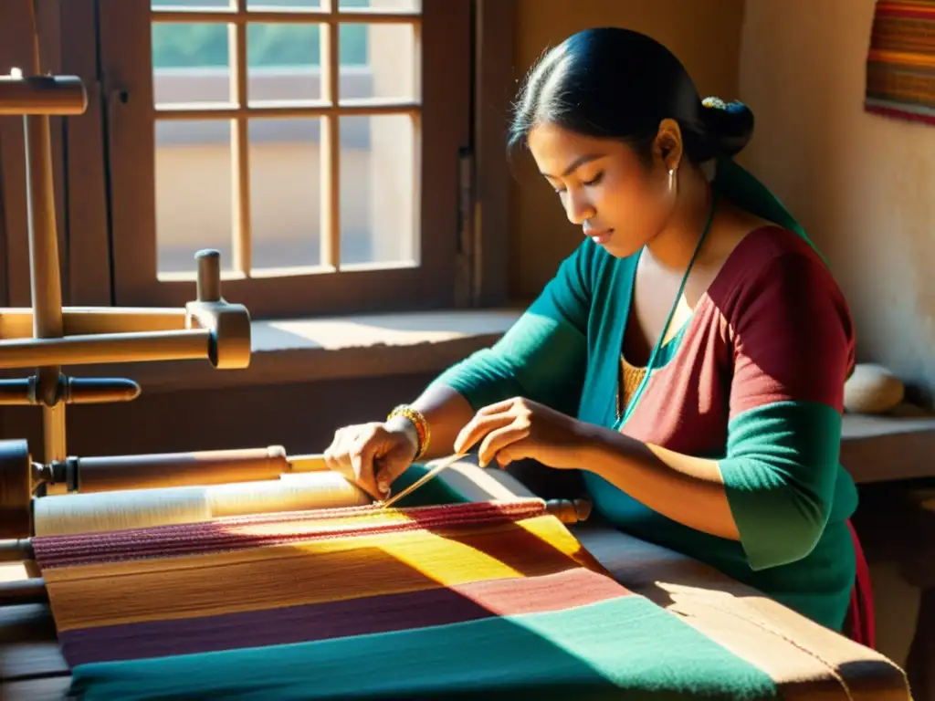 Un artesano teje patrones intrincados en un textil colorido, rodeado de hilos vibrantes y herramientas