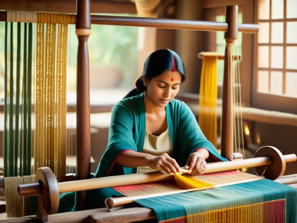 Un artesano teje patrones textiles con destreza, rodeado de hilos y telas vibrantes