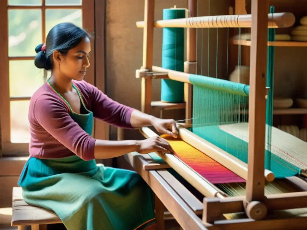 Un artesano teje patrones textiles con inteligencia artificial, bañado por la cálida luz del sol