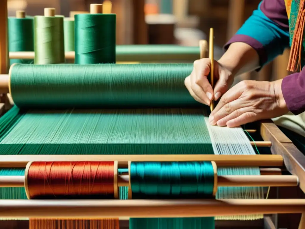 Un artesano hábil teje patrones tradicionales en un telar, rodeado de hilos y texturas coloridas