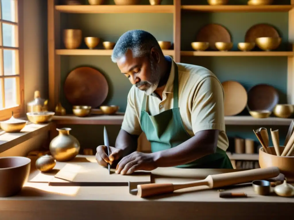 Un artesano hábil crea una pieza de arte sostenible, rodeado de herramientas tradicionales y luz natural