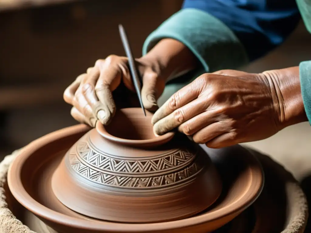 Artesano modelando una pieza de cerámica, con detalle y dedicación, evocando la artesanía tradicional en la era digital