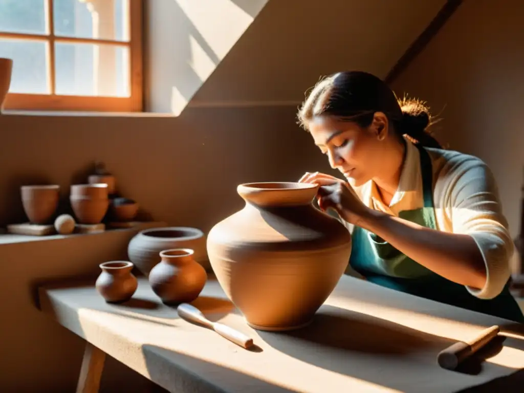 Un artesano crea una pieza de cerámica en un estudio soleado, rodeado de herramientas vintage