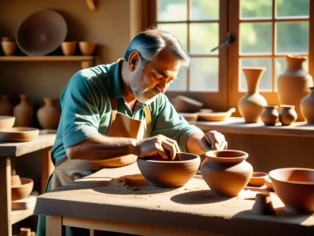 Artesano moldeando una pieza de cerámica a la luz dorada, evocando la artesanía tradicional en la era digital