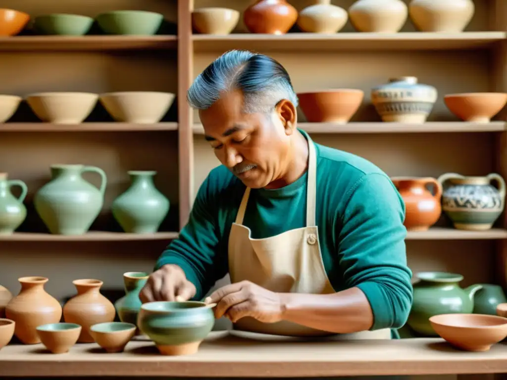 Un artesano crea una pieza de cerámica rodeado de coloridas obras, evocando tradición y herencia cultural