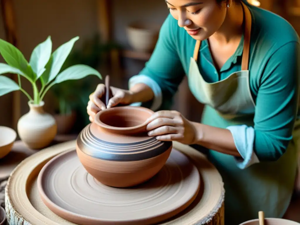 Un artesano crea una pieza de cerámica rodeado de materiales naturales